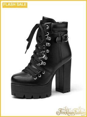Women's Platform Ankle Boots Chunky High Heel Lace Up Round Toe Booties